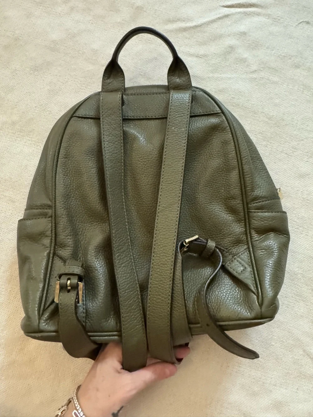 Michael Kors Olive Green Pebbled Leather Backpack with Gold Studs